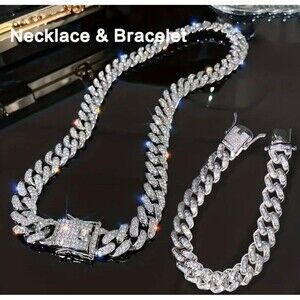 New 18k white gold filled Cuban link chain and bracelet set